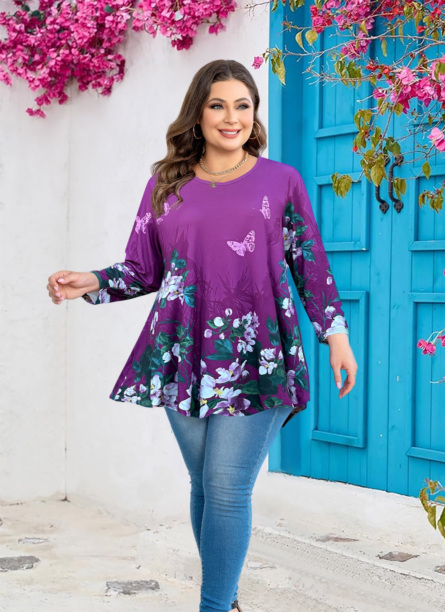 Womens Tunic 3/4 Sleeve Plus Size Tops Crew Neck Swing Flowy Loose Fit T-Shirt Blouses to Wear with Leggings Purple Floral Tunic Tops