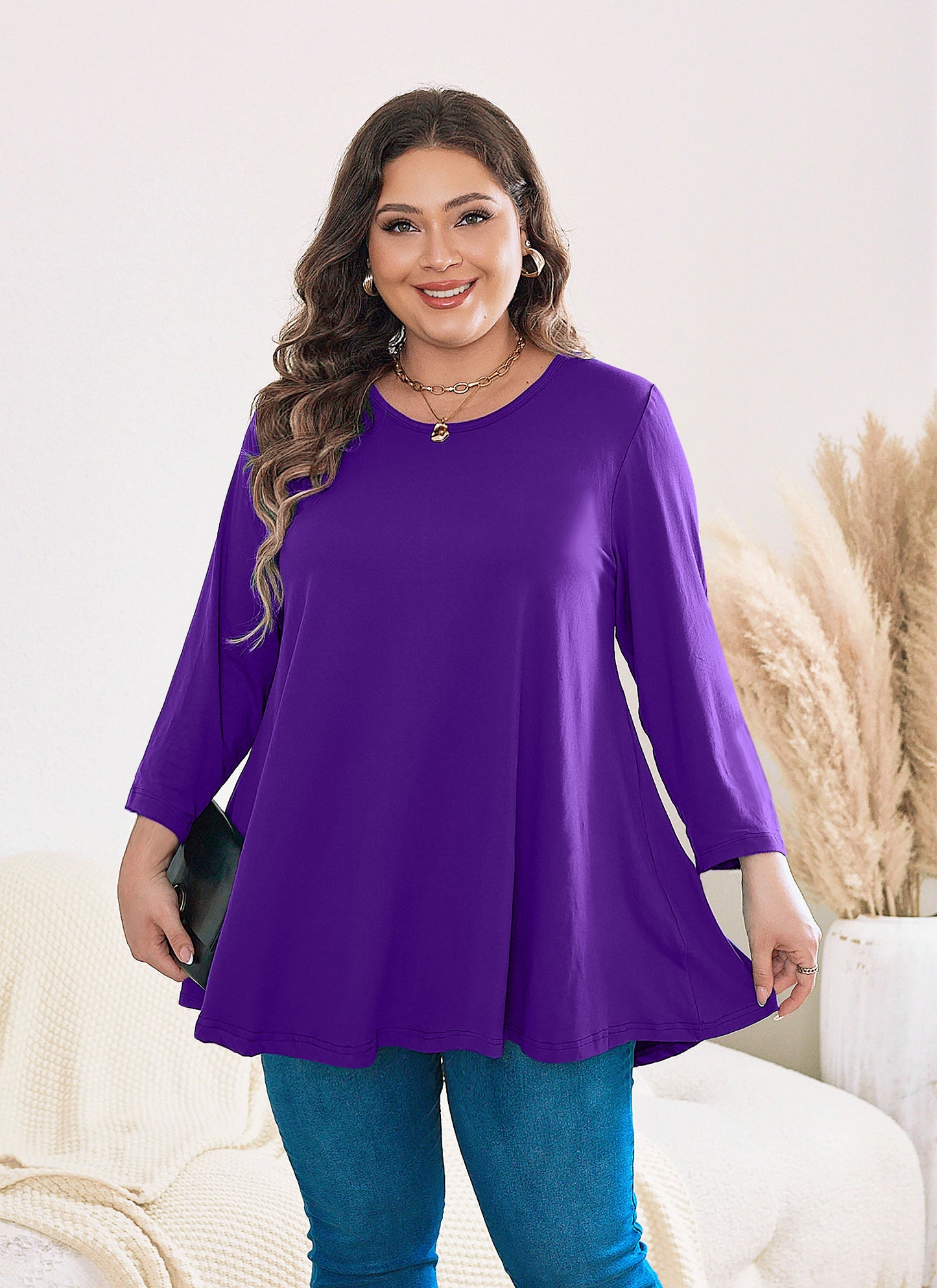 Womens Tops - Plus Size Tunics 3/4 Sleeve Loose Fit Dressy Casual Long Swing Flowy Lady Blouses Shirts Wear with Leggings Teals Blue Clothing A20 SATDP