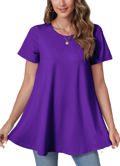 Tunic Tops for Women Plus Size Short Sleeve Crew Neck Swing Flare Loose T-Shirt Blouses to Wear with Leggings B13 SATXDP