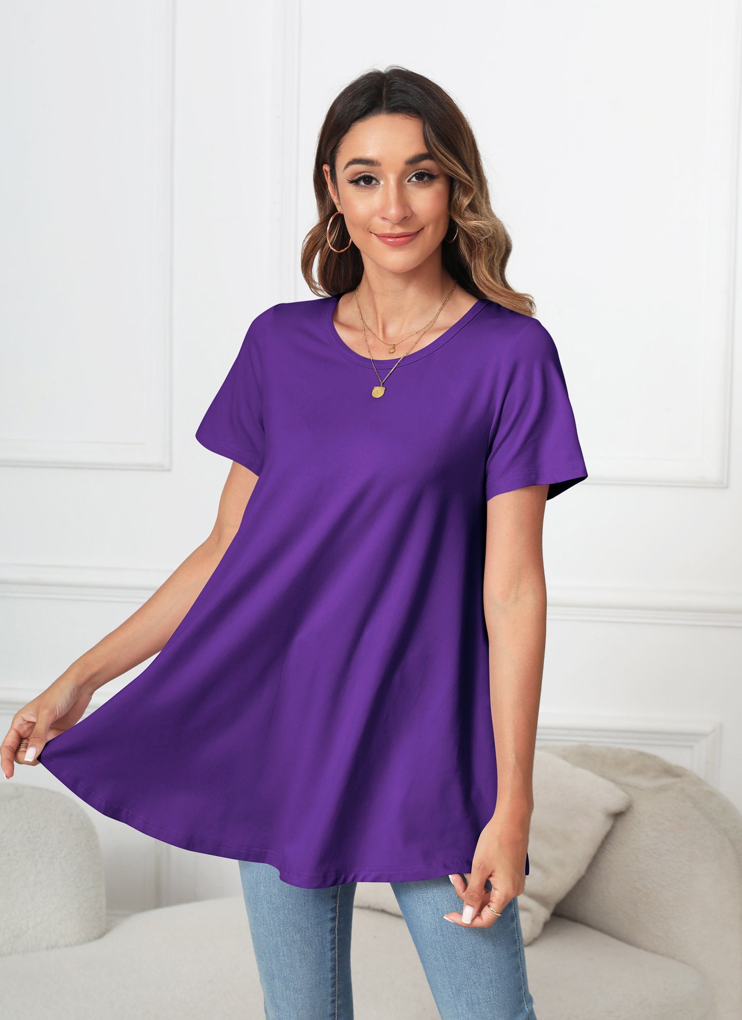 Tunic Tops for Women Plus Size Short Sleeve Crew Neck Swing Flare Loose T-Shirt Blouses to Wear with Leggings B13 SATXDP