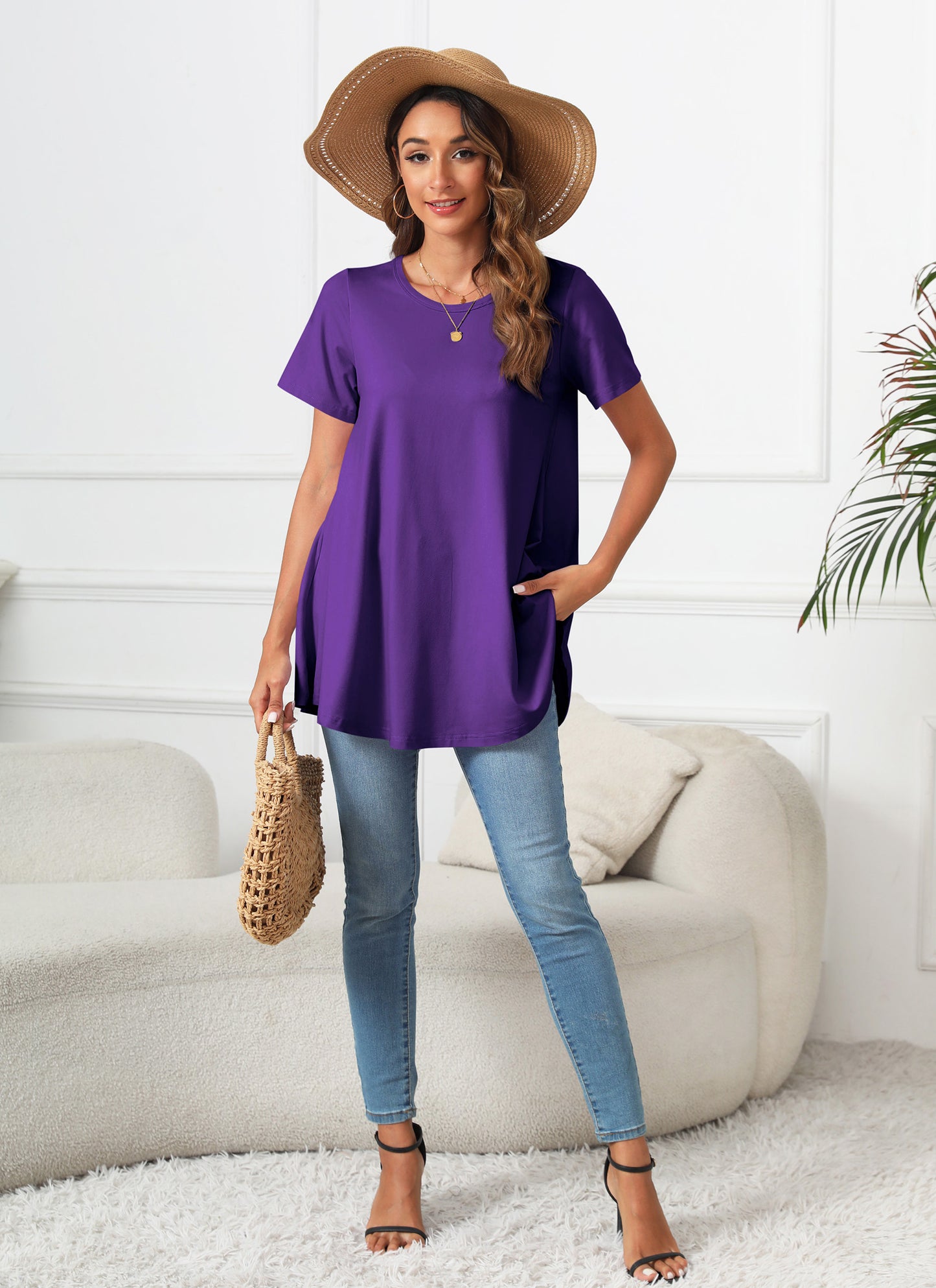 Tunic Tops for Women Plus Size Short Sleeve Crew Neck Swing Flare Loose T-Shirt Blouses to Wear with Leggings B13 SATXDP