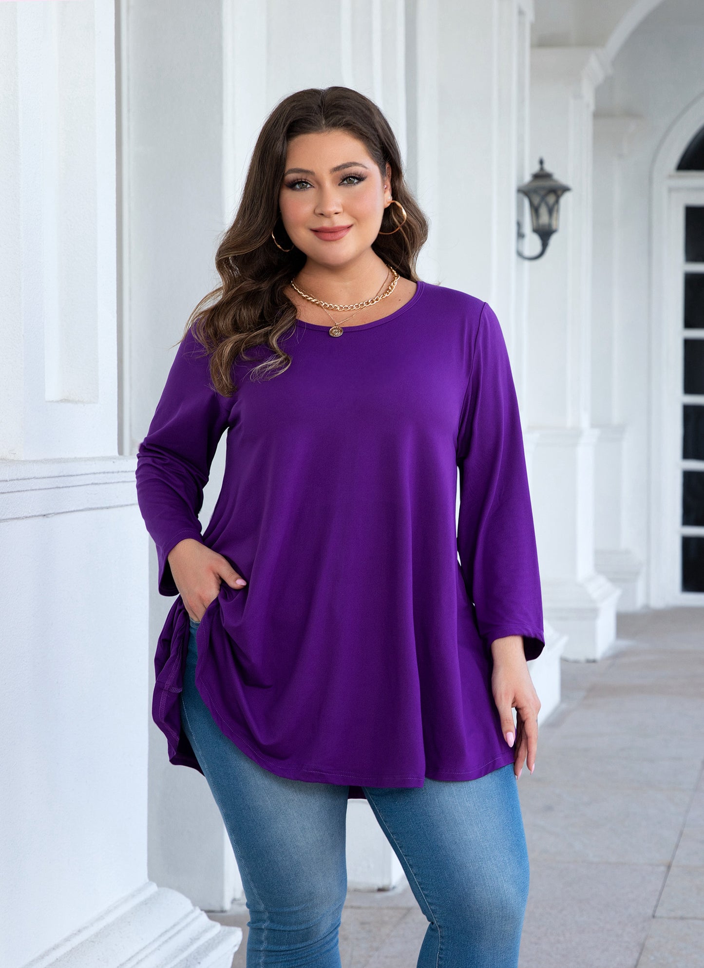 Womens Tops - Plus Size Tunics 3/4 Sleeve Loose Fit Dressy Casual Long Swing Flowy Lady Blouses Shirts Wear with Leggings Teals Blue Clothing A20 SATDP