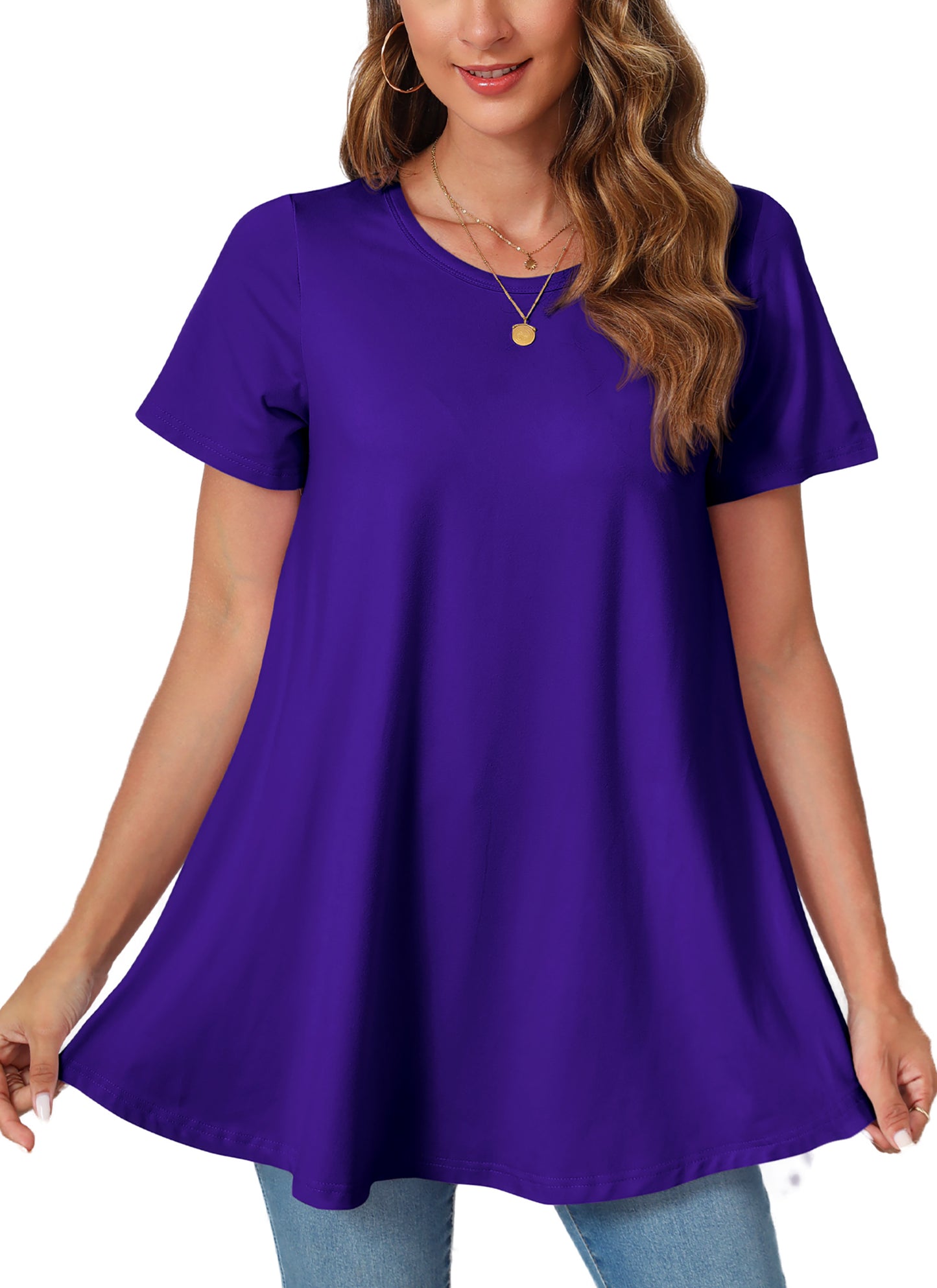 Tunic Tops for Women Plus Size Short Sleeve Crew Neck Swing Flare Loose T-Shirt Blouses to Wear with Leggings B13 SATXDP