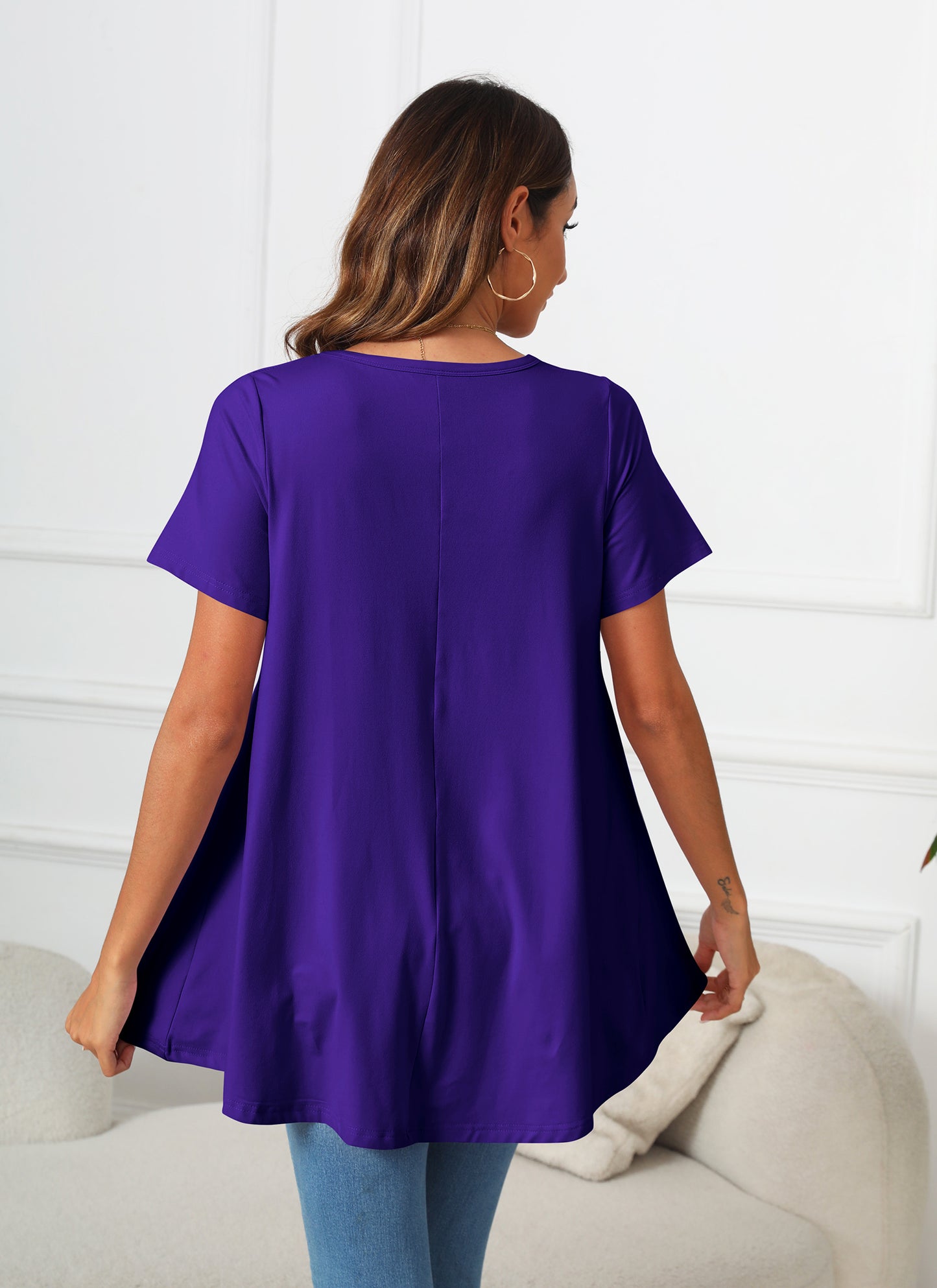 Tunic Tops for Women Plus Size Short Sleeve Crew Neck Swing Flare Loose T-Shirt Blouses to Wear with Leggings B13 SATXDP