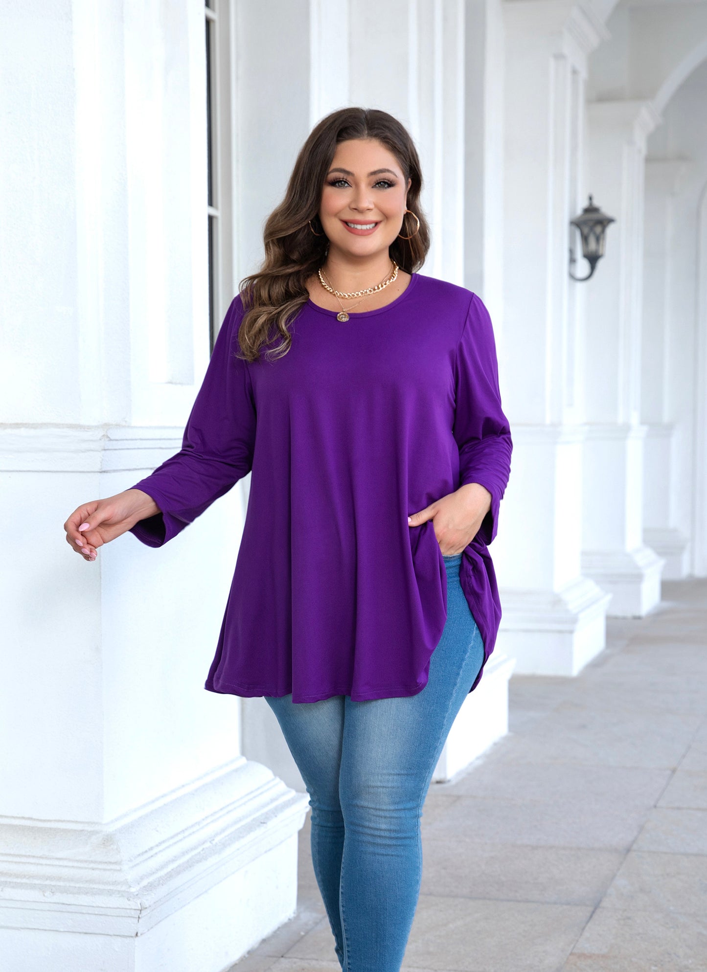 Womens Tops - Plus Size Tunics 3/4 Sleeve Loose Fit Dressy Casual Long Swing Flowy Lady Blouses Shirts Wear with Leggings Teals Blue Clothing A20 SATDP