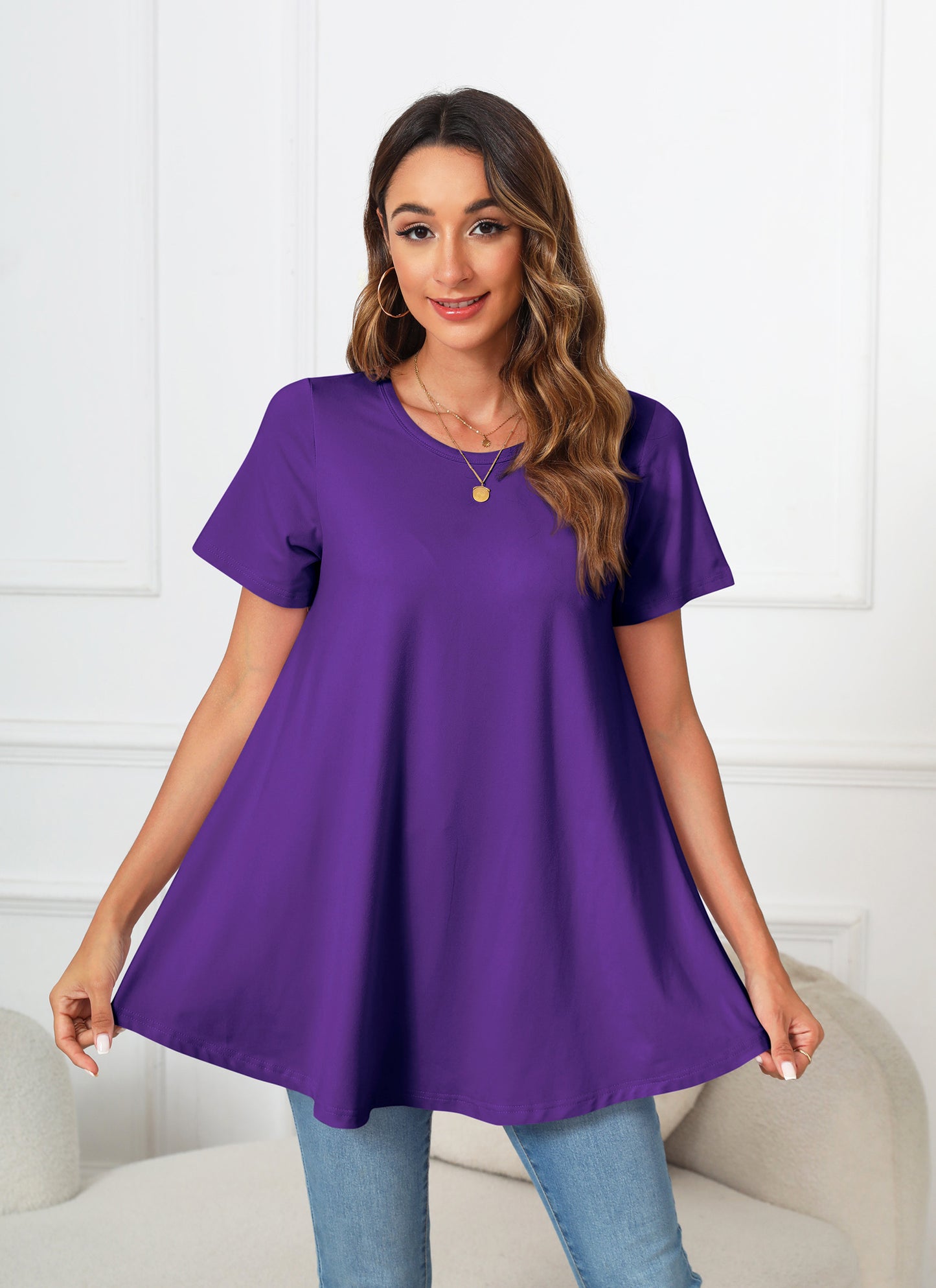 Tunic Tops for Women Plus Size Short Sleeve Crew Neck Swing Flare Loose T-Shirt Blouses to Wear with Leggings B13 SATXDP