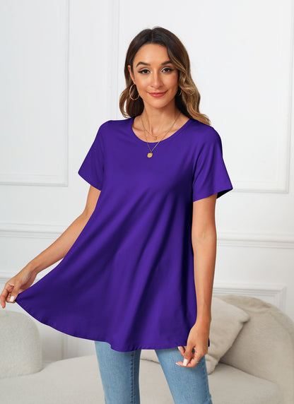 Tunic Tops for Women Plus Size Short Sleeve Crew Neck Swing Flare Loose T-Shirt Blouses to Wear with Leggings B13 SATXDP