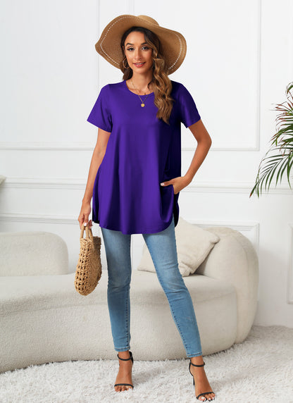 Tunic Tops for Women Plus Size Short Sleeve Crew Neck Swing Flare Loose T-Shirt Blouses to Wear with Leggings B13 SATXDP