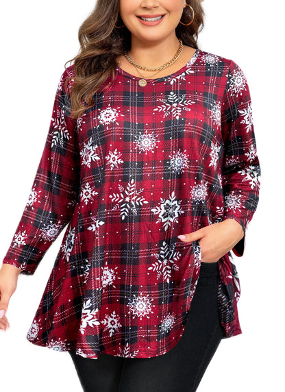 Womens Tunic Tops 3/4 Sleeve Plus Size Crew Neck Swing Flare Loose Fit T-Shirt Blouses to Wear with Leggings Christmas Tunics Red Plaid