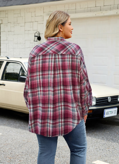 Womens Plus Size Flannel Shirts Long Sleeve Button Down Plaid Shirt Roll Up Oversize Checkered Blouse Top Fall E-02 Red Plaid Shirt