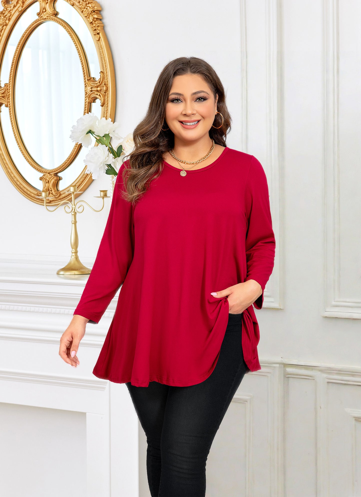 Womens Tunic Tops 3/4 Sleeve Plus Size Crew Neck Swing Flare Loose Fit T-Shirt Blouses to Wear with Leggings Tunic Tops Red