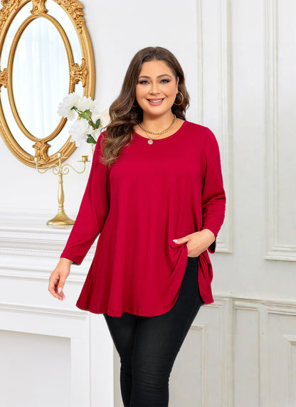 Womens Tunic Tops 3/4 Sleeve Plus Size Crew Neck Swing Flare Loose Fit T-Shirt Blouses to Wear with Leggings Tunic Tops Red