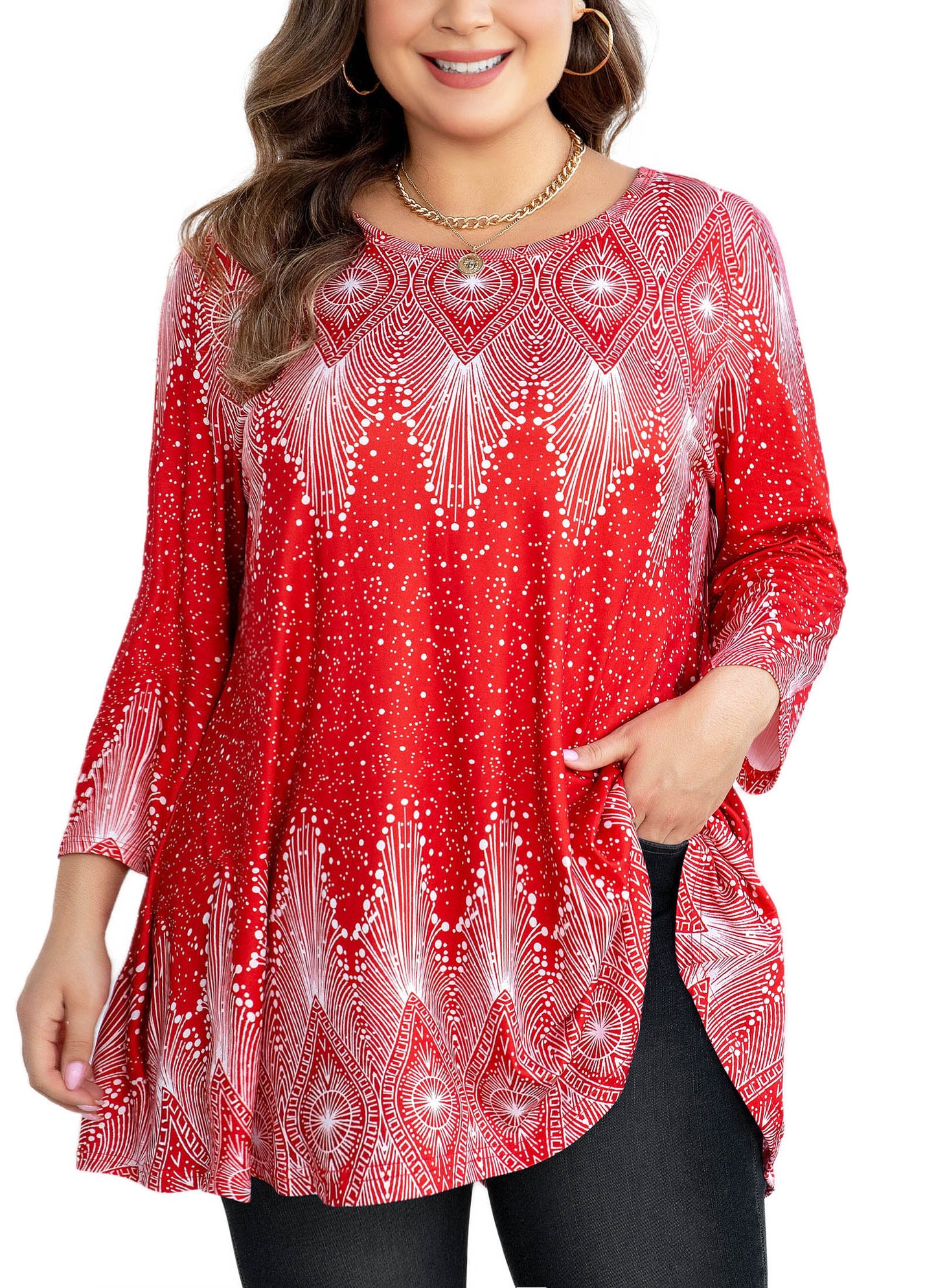 Womens Tops - Plus Size Tunics 3/4 Sleeve Loose Fit Dressy Casual Long Swing Flowy Lady Blouses Shirts Wear with Leggings Teals Blue Clothing A23 SATRW