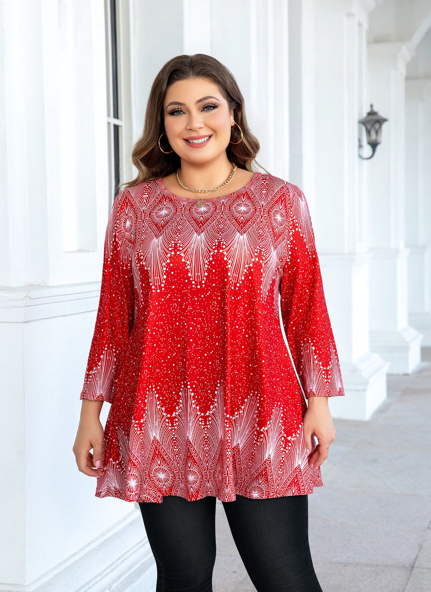 Womens Tops - Plus Size Tunics 3/4 Sleeve Loose Fit Dressy Casual Long Swing Flowy Lady Blouses Shirts Wear with Leggings Teals Blue Clothing A23 SATRW