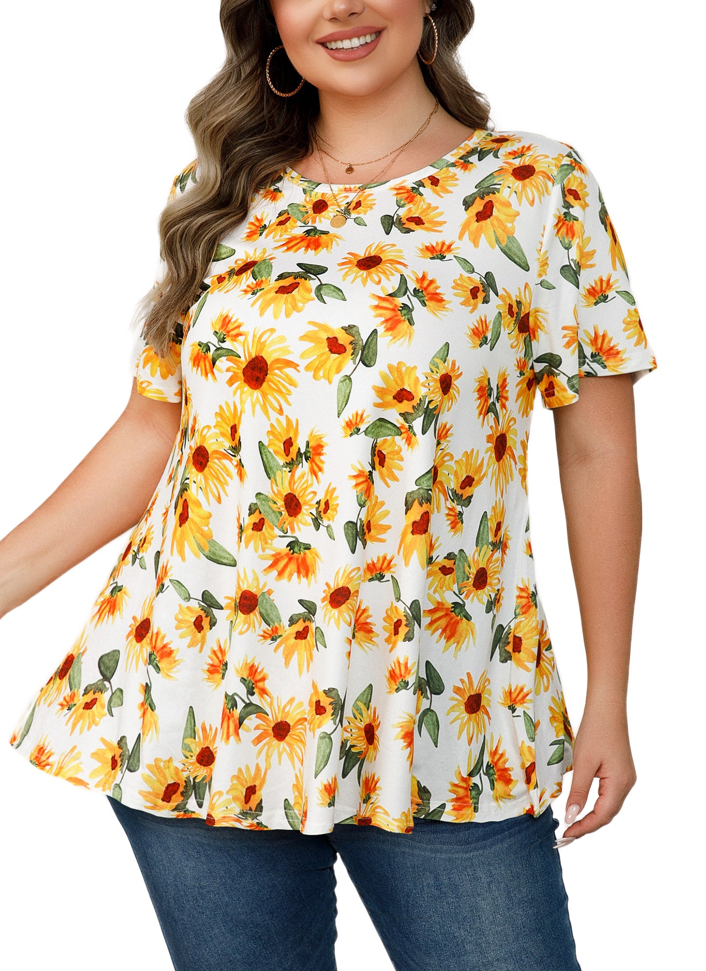 Tunic Tops for Women Plus Size Short Sleeve Crew Neck Swing Flare Loose T-Shirt Blouses to Wear with Leggings B21 SATXWYF