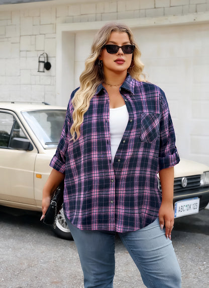 Womens Plus Size Flannel Shirts Long Sleeve Button Down Plaid Shirt Roll Up Oversize Checkered Blouse Top Fall  A-02 Pink Navy Blue Plaid Shirt