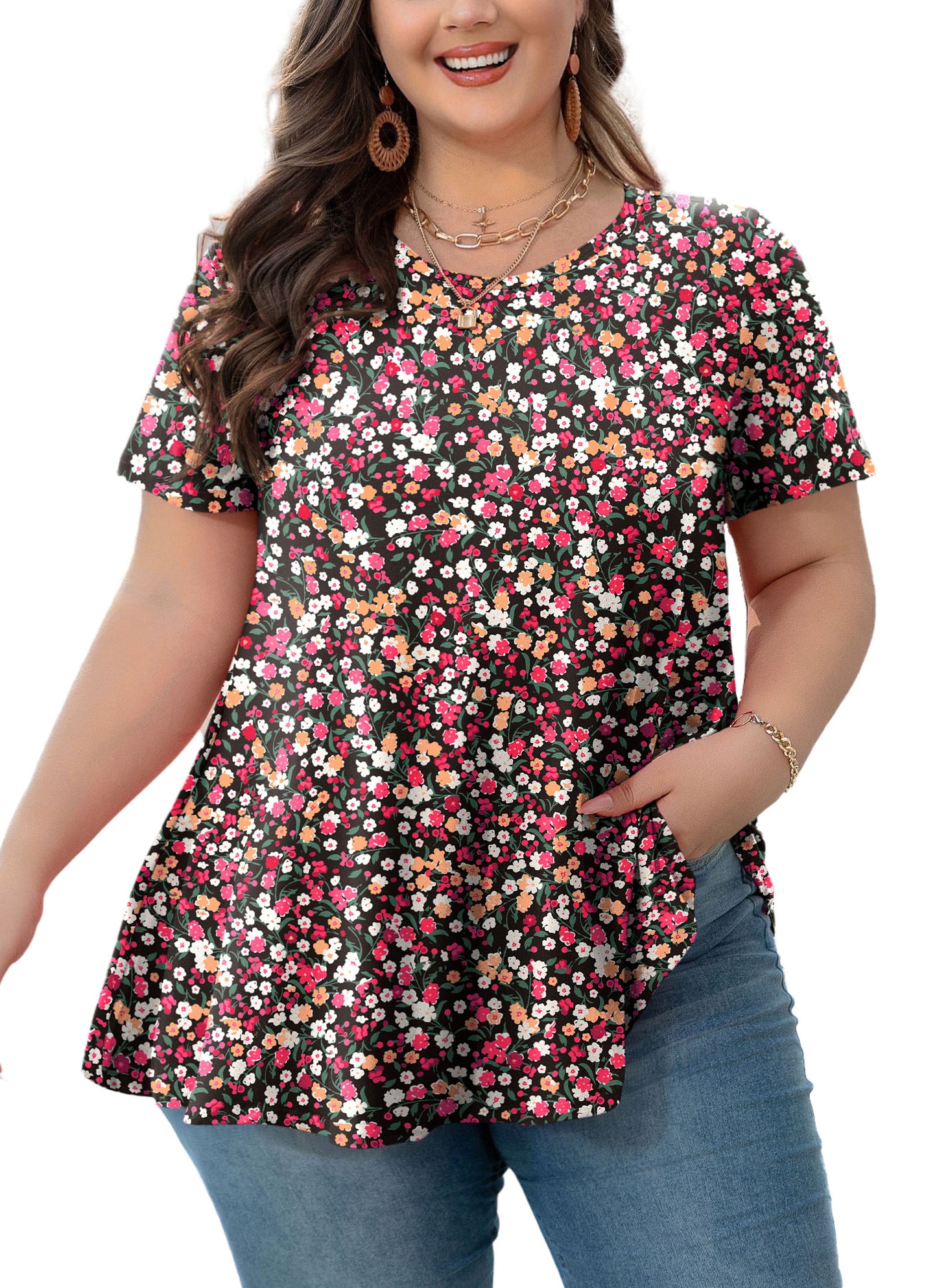 Womens Plus Size Tops Short Sleeve Swing Flare Flowy Tunic Loose Fit Summer Casual Blouses to Wear with Leggings Pink Floral Tunic