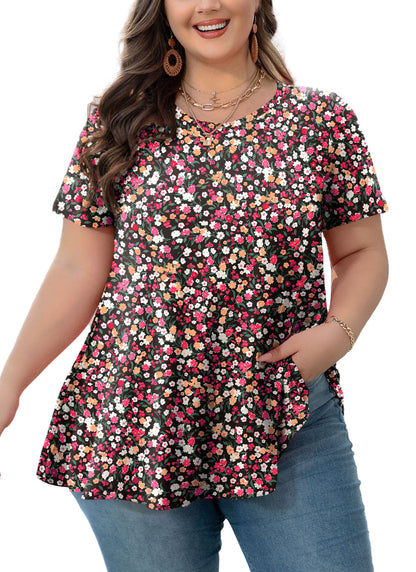 Womens Plus Size Tops Short Sleeve Swing Flare Flowy Tunic Loose Fit Summer Casual Blouses to Wear with Leggings Pink Floral Tunic