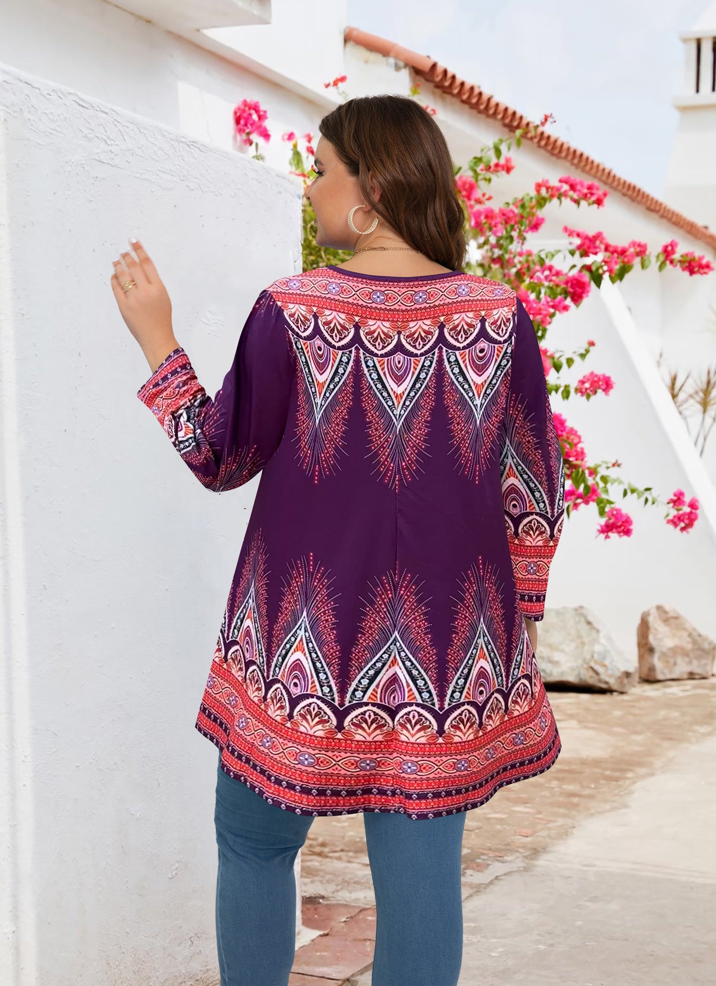 Womens Tunic 3/4 Sleeve Plus Size Tops Crew Neck Swing Flowy Loose Fit T-Shirt Blouses to Wear with Leggings Orange Floral Tops Purple