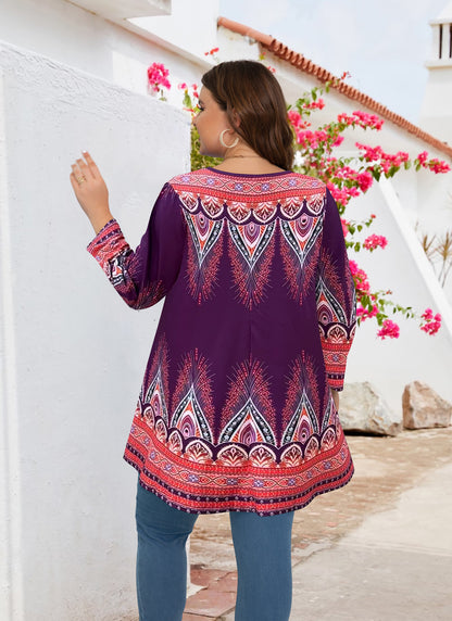 Womens Tunic 3/4 Sleeve Plus Size Tops Crew Neck Swing Flowy Loose Fit T-Shirt Blouses to Wear with Leggings Orange Floral Tops Purple
