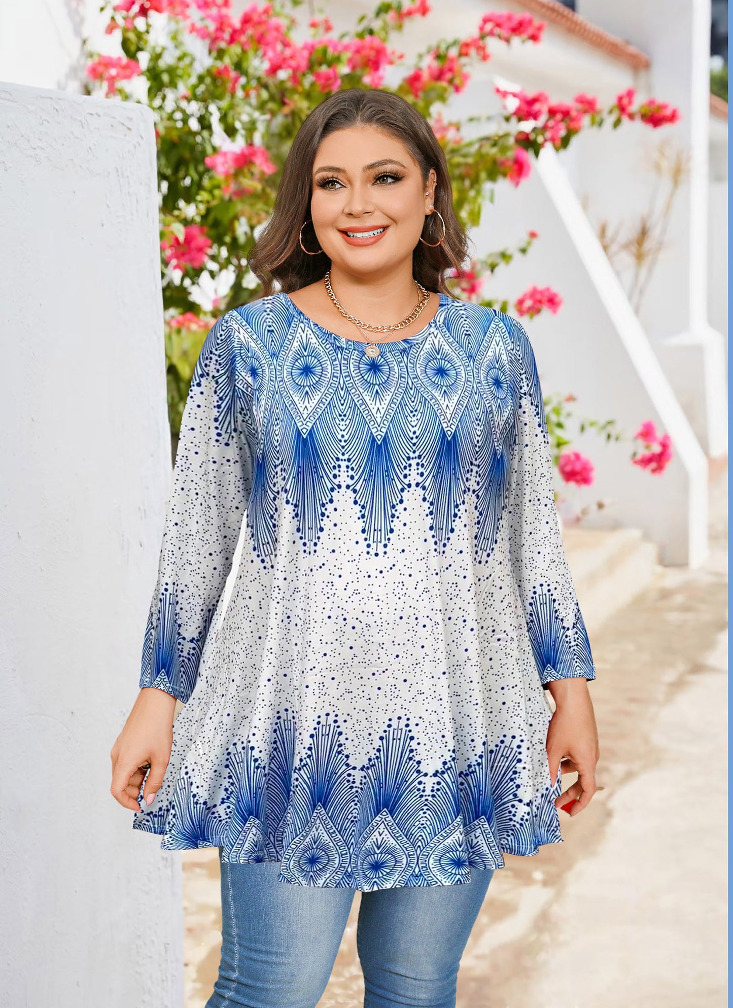 Womens Tunic Tops 3/4 Sleeve Plus Size Crew Neck Swing Flare Loose Fit T-Shirt Blouses to Wear with Leggings Blue White Tunic Tops