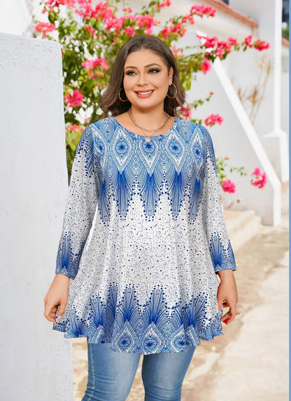 Womens Tunic Tops 3/4 Sleeve Plus Size Crew Neck Swing Flare Loose Fit T-Shirt Blouses to Wear with Leggings Blue White Tunic Tops