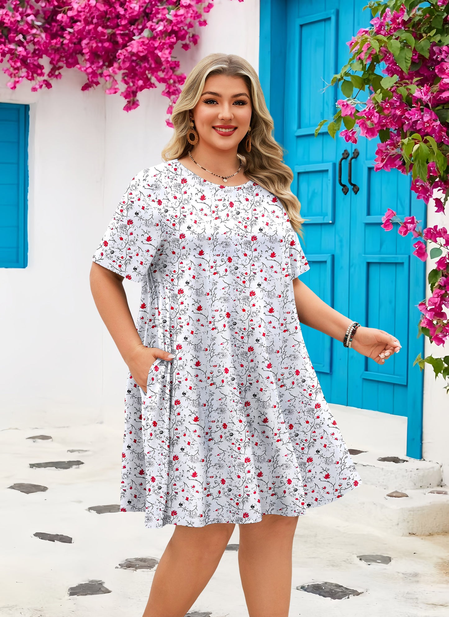 Women's Casual T-Shirt Dress Plus Size Summer Short Sleeve Crewneck Swing Dresses Beach Vacation White Dress