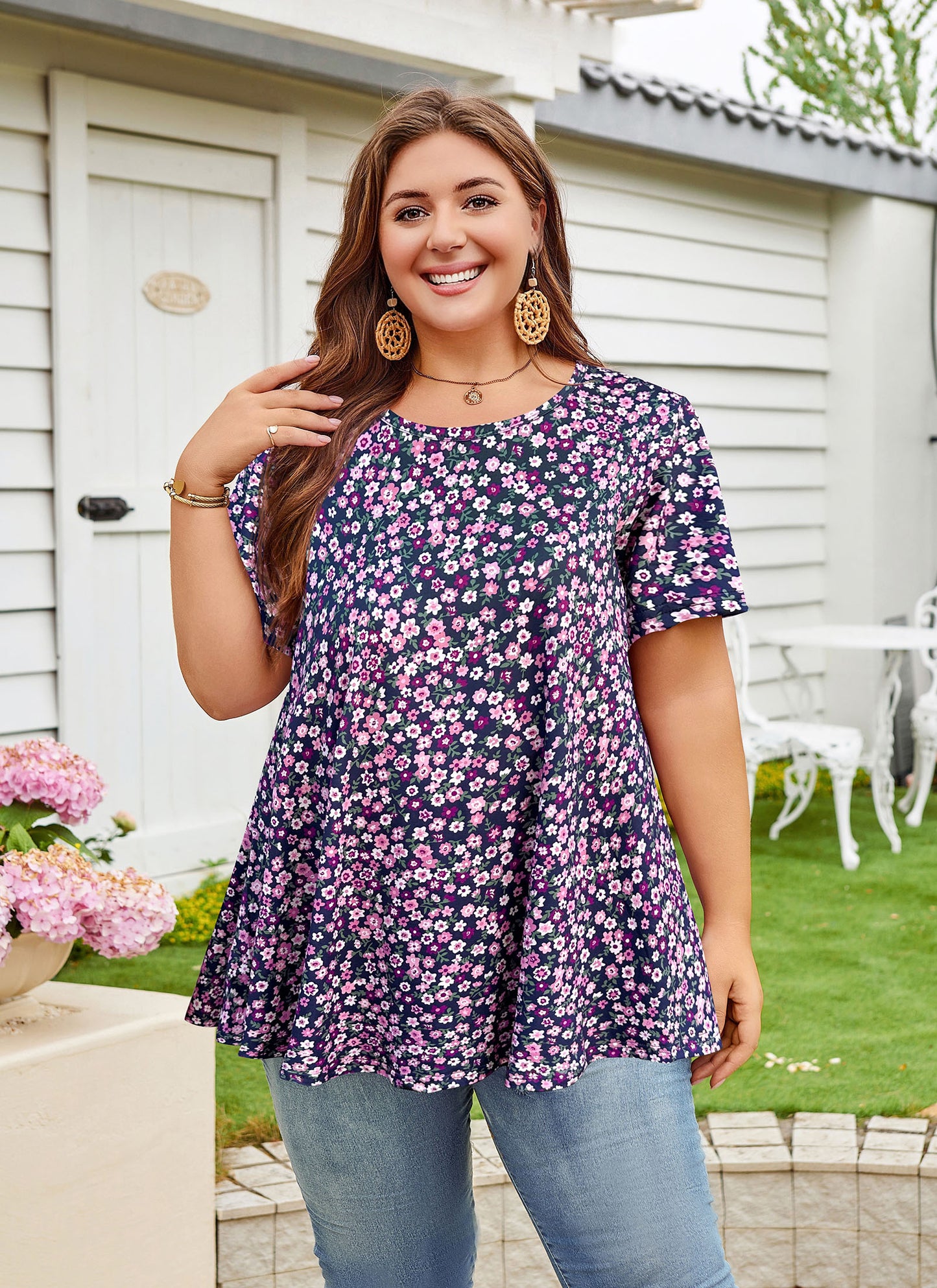 Womens Plus Size Tops Short Sleeve Swing Flare Flowy Tunic Loose Fit Summer Casual Blouses to Wear with Leggings Navy Blue Purple Tunic