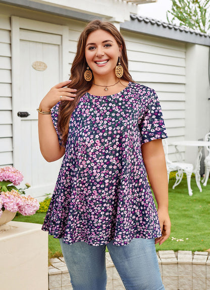 Womens Plus Size Tops Short Sleeve Swing Flare Flowy Tunic Loose Fit Summer Casual Blouses to Wear with Leggings Navy Blue Purple Tunic