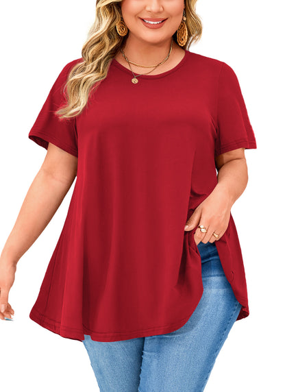 Tunic Tops for Women Plus Size Short Sleeve Crew Neck Swing Flare Loose T-Shirt Blouses to Wear with Leggings Plus Size Red Tops Tunics