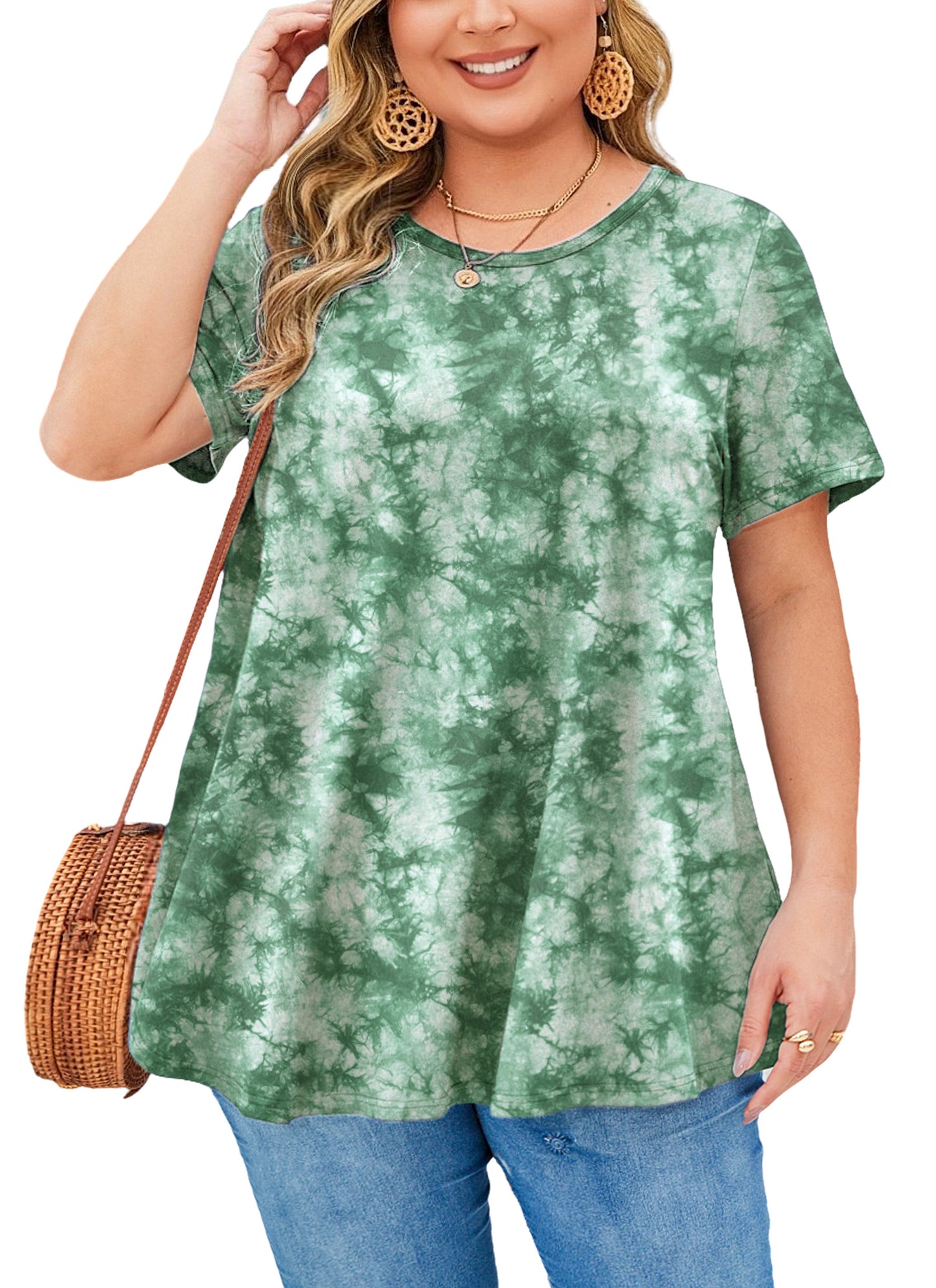 Womens Plus Size Tops Short Sleeve Swing Flare Flowy Tunic Loose Fit Summer Casual Blouses to Wear with Leggings Green Tunic Tie Dye