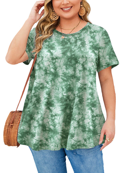 Womens Plus Size Tops Short Sleeve Swing Flare Flowy Tunic Loose Fit Summer Casual Blouses to Wear with Leggings Green Tunic Tie Dye