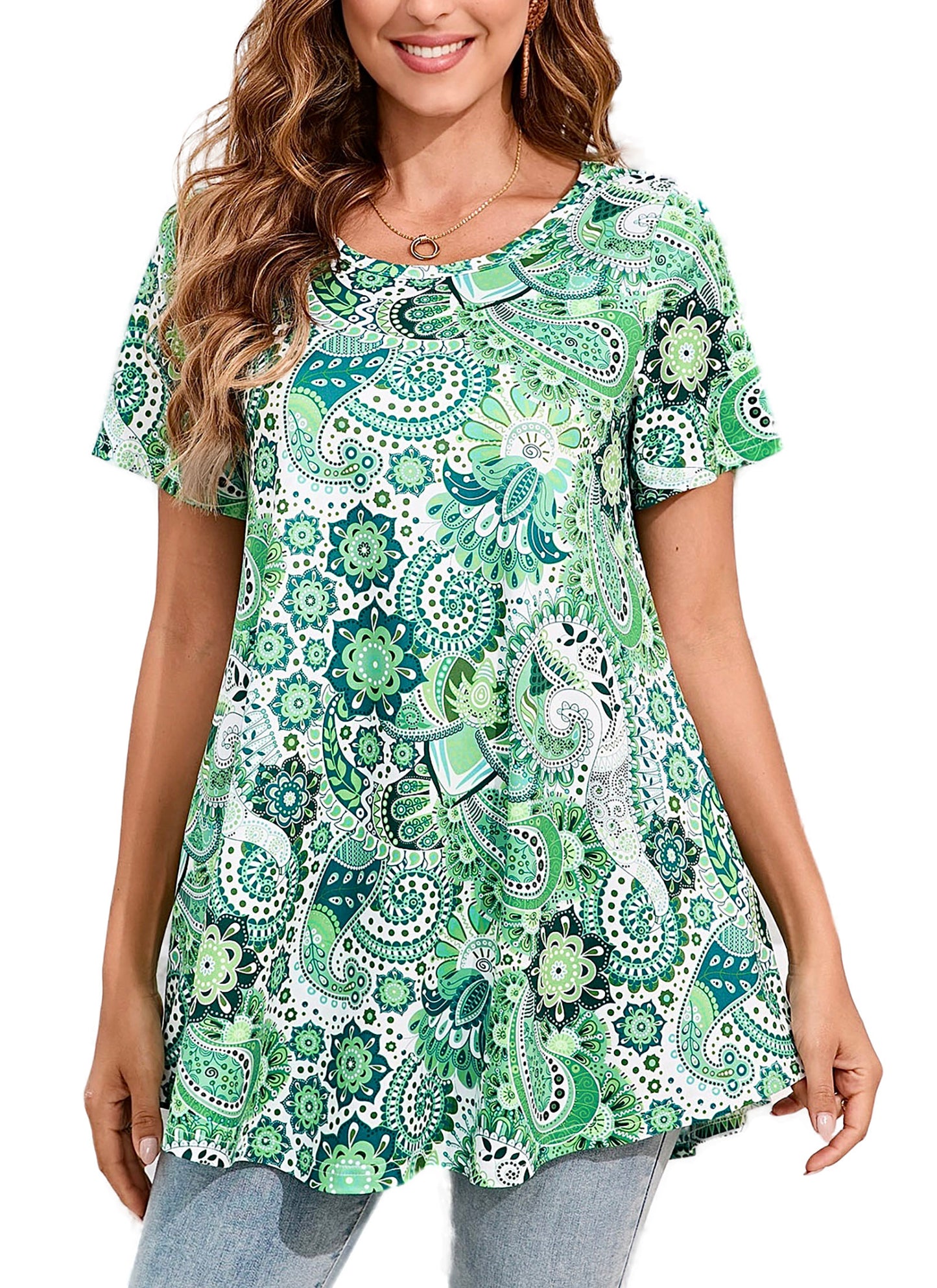 Tunic Tops for Women Plus Size Short Sleeve Crew Neck Swing Flare Loose T-Shirt Blouses to Wear with Leggings B7 SATXGF