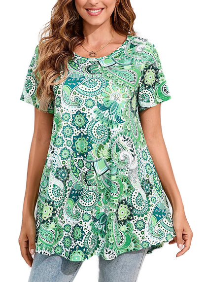 Tunic Tops for Women Plus Size Short Sleeve Crew Neck Swing Flare Loose T-Shirt Blouses to Wear with Leggings B7 SATXGF