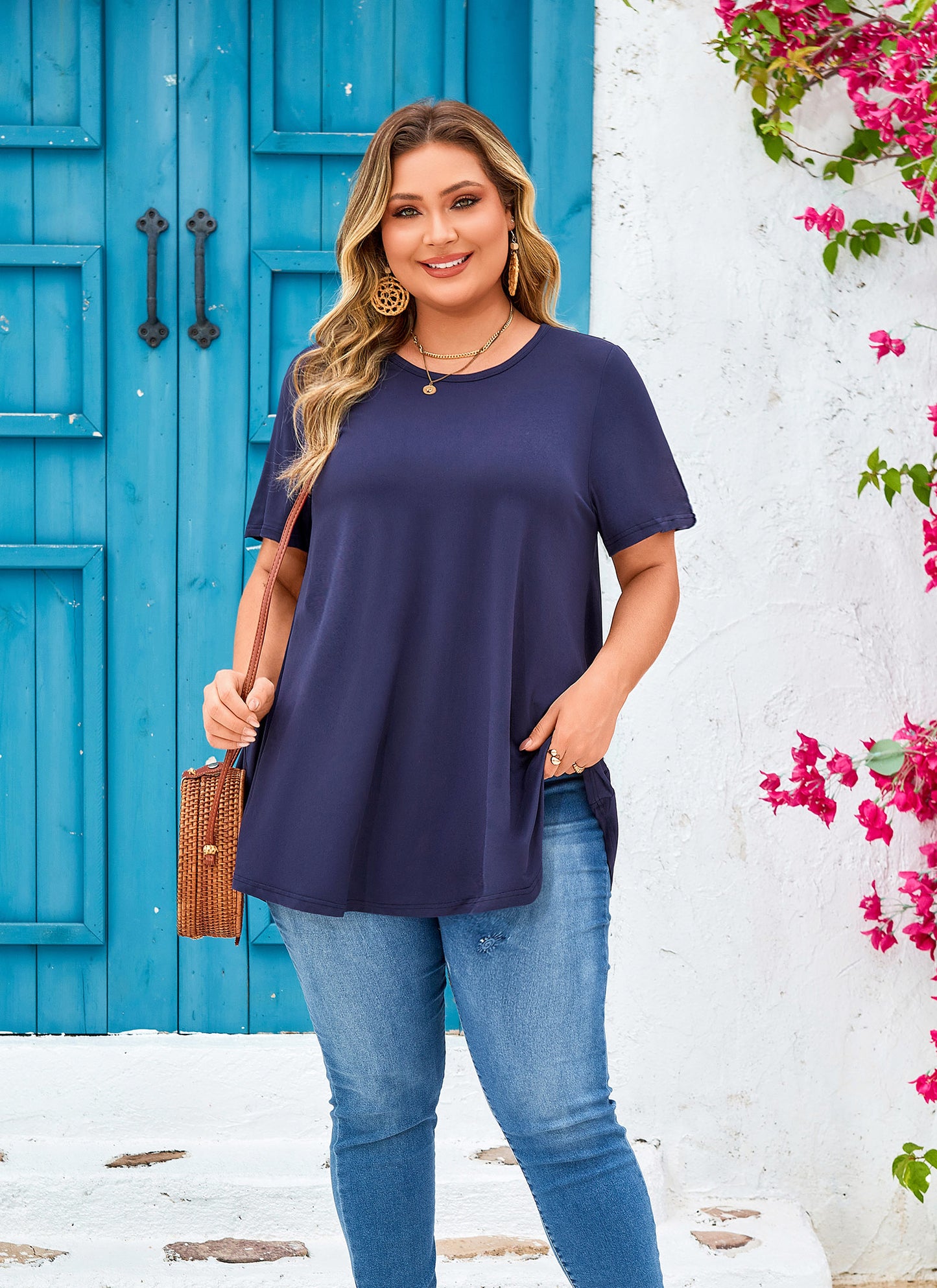 Womens Plus Size Tops Short Sleeve Swing Flare Flowy Tunic Loose Fit Summer Casual Blouses to Wear with Leggings Navy Blue Tunics Tops