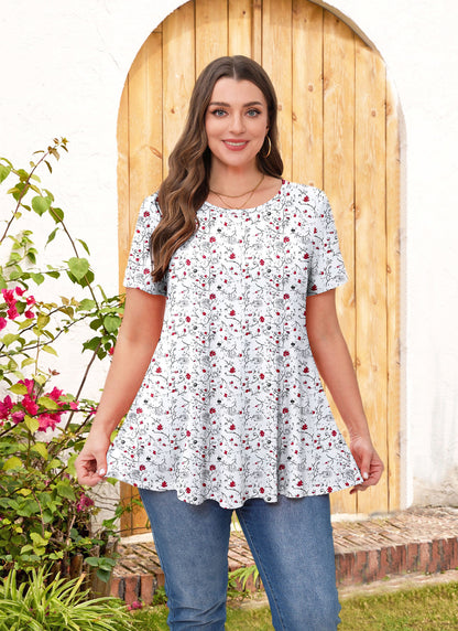 Tunic Tops for Women Plus Size Short Sleeve Crew Neck Swing Flare Loose T-Shirt Blouses to Wear with Leggings White Floral Tops
