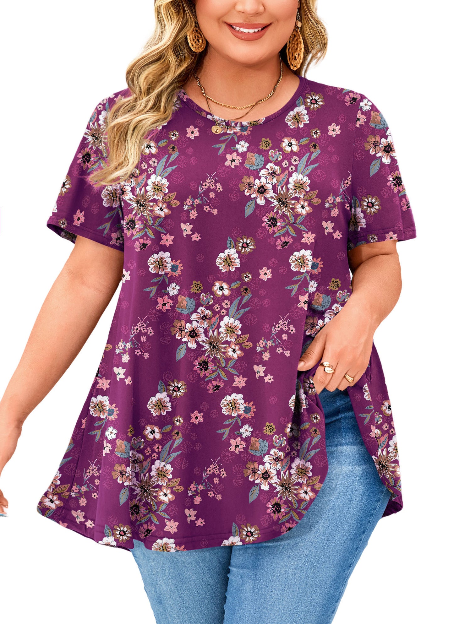Tunic Tops for Women Plus Size Short Sleeve Crew Neck Swing Flare Loose T-Shirt Blouses to Wear with Leggings Magenta Tunic Floral