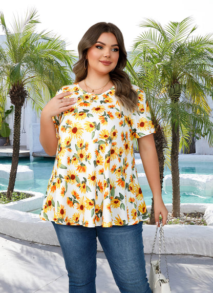 Tunic Tops for Women Plus Size Short Sleeve Crew Neck Swing Flare Loose T-Shirt Blouses to Wear with Leggings B21 SATXWYF