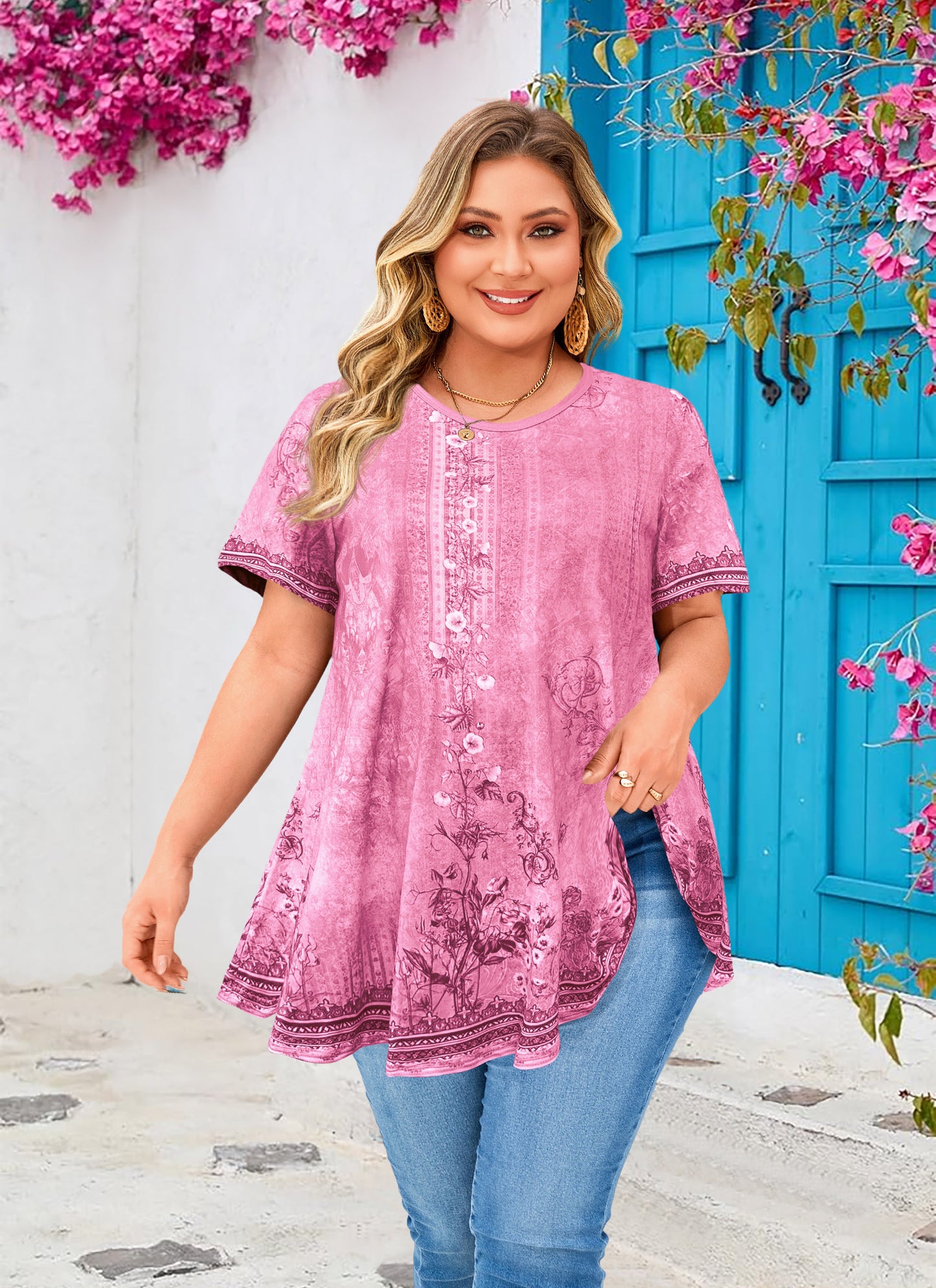 Womens Plus Size Tops Short Sleeve Swing Flare Flowy Tunic Loose Fit Summer Casual Blouses to Wear with Leggings I