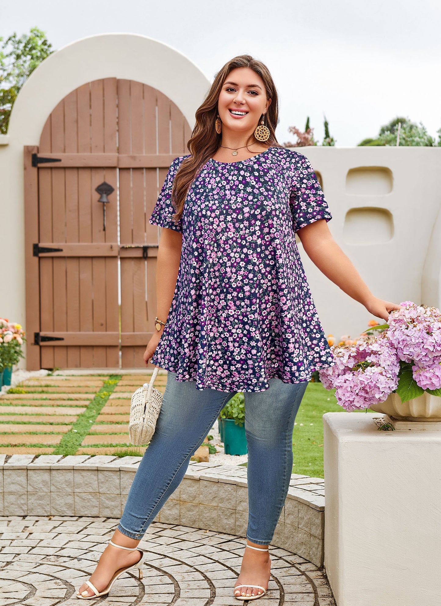 Womens Plus Size Tops Short Sleeve Swing Flare Flowy Tunic Loose Fit Summer Casual Blouses to Wear with Leggings Navy Blue Purple Tunic