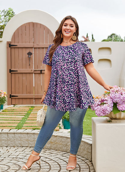 Womens Plus Size Tops Short Sleeve Swing Flare Flowy Tunic Loose Fit Summer Casual Blouses to Wear with Leggings Navy Blue Purple Tunic