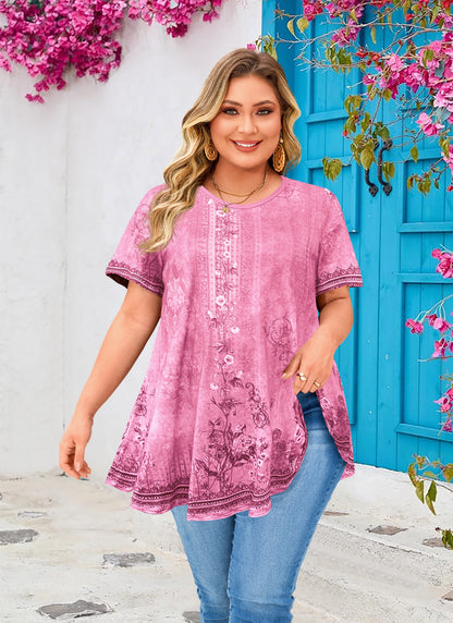 Womens Plus Size Tops Short Sleeve Swing Flare Flowy Tunic Loose Fit Summer Casual Blouses to Wear with Leggings Pink Floral Plus Size Tops