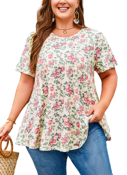 Womens Plus Size Tops Short Sleeve Swing Flare Flowy Tunic Loose Fit Summer Casual Blouses to Wear with Leggings Beige Pink Flower Tunic