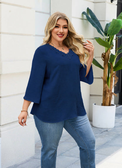 Womens Plus Size Blouses Dressy Casual 3/4 Sleeve Elegant V Neck Floral Trim Ladies Tunics Tops Navy Blue