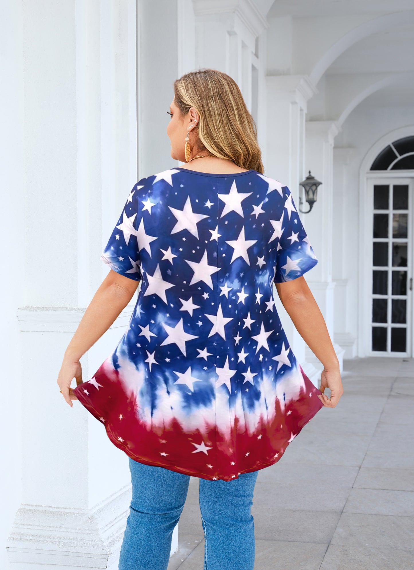 Tunic Tops for Women Plus Size Short Sleeve Crew Neck Swing Flare Loose T-Shirt Blouses to Wear with Leggings American Flag Tunic