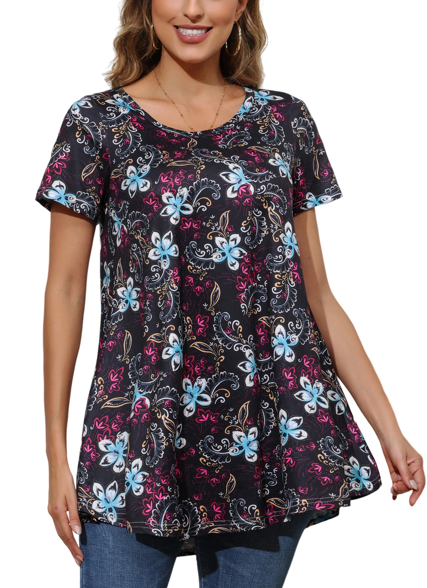 Tunic Tops for Women Plus Size Short Sleeve Crew Neck Swing Flare Loose T-Shirt Blouses to Wear with Leggings B6 SATXBF