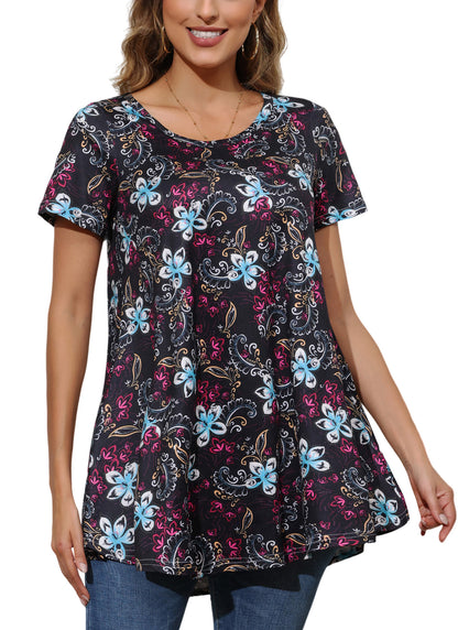 Tunic Tops for Women Plus Size Short Sleeve Crew Neck Swing Flare Loose T-Shirt Blouses to Wear with Leggings B6 SATXBF