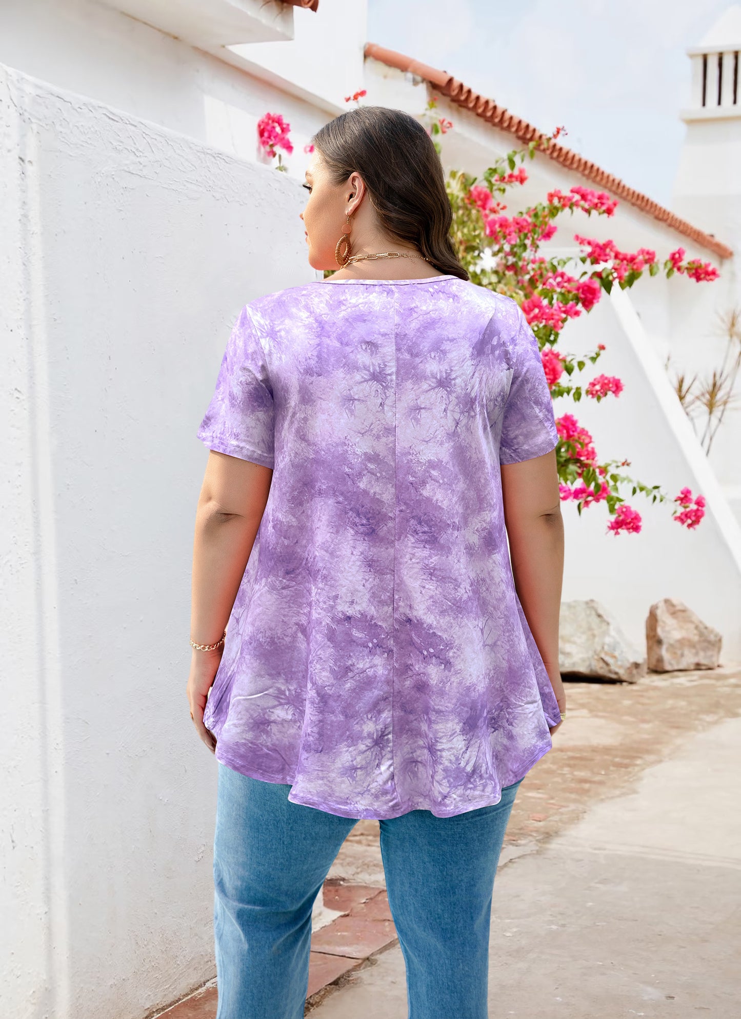 Tunic Tops for Women Plus Size Short Sleeve Crew Neck Swing Flare Loose T-Shirt Blouses to Wear with Leggings Lavender Tunic Tie Dye
