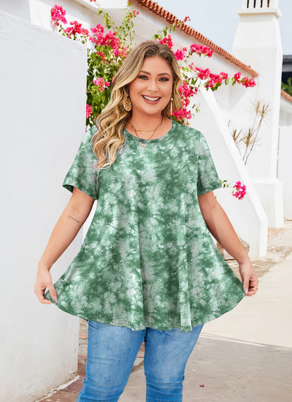Womens Plus Size Tops Short Sleeve Swing Flare Flowy Tunic Loose Fit Summer Casual Blouses to Wear with Leggings Green Tunic Tie Dye