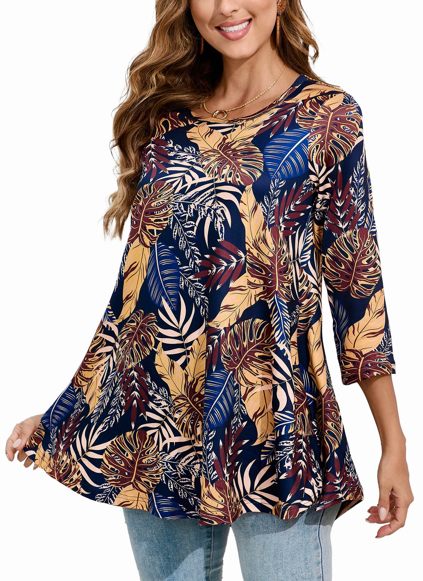 Womens Tunic Tops 3/4 Sleeve Plus Size Crew Neck Swing Flare Loose Fit T-Shirt Blouses to Wear with Leggings Plus Size Tops Navy Yellow Leaf